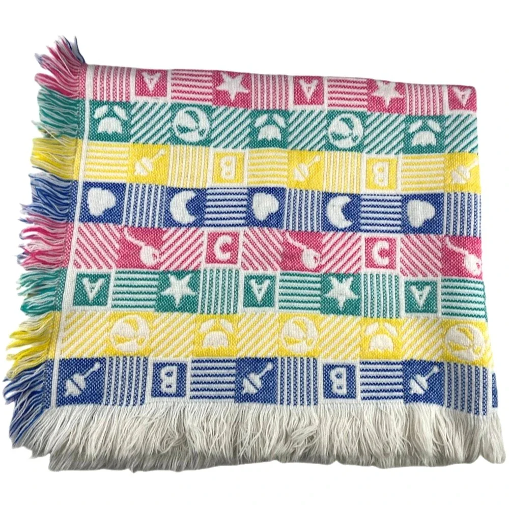 Vtg Woven Blocks Baby Blanket‎ Boy Girl Fringe A B C Rattle Heart Flower Bright